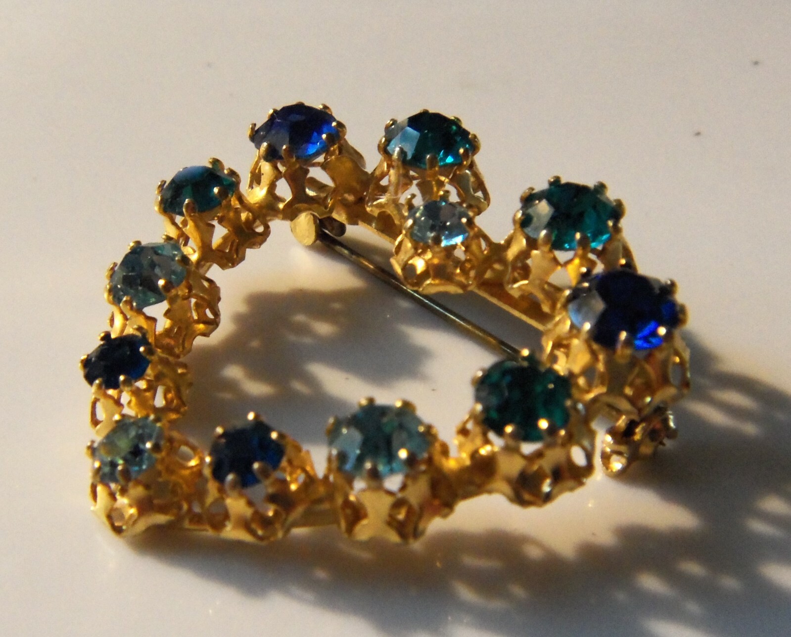 Signed AUSTRIA Light/Dark/Teal Blue Crystal Rhinestone Heart Pin