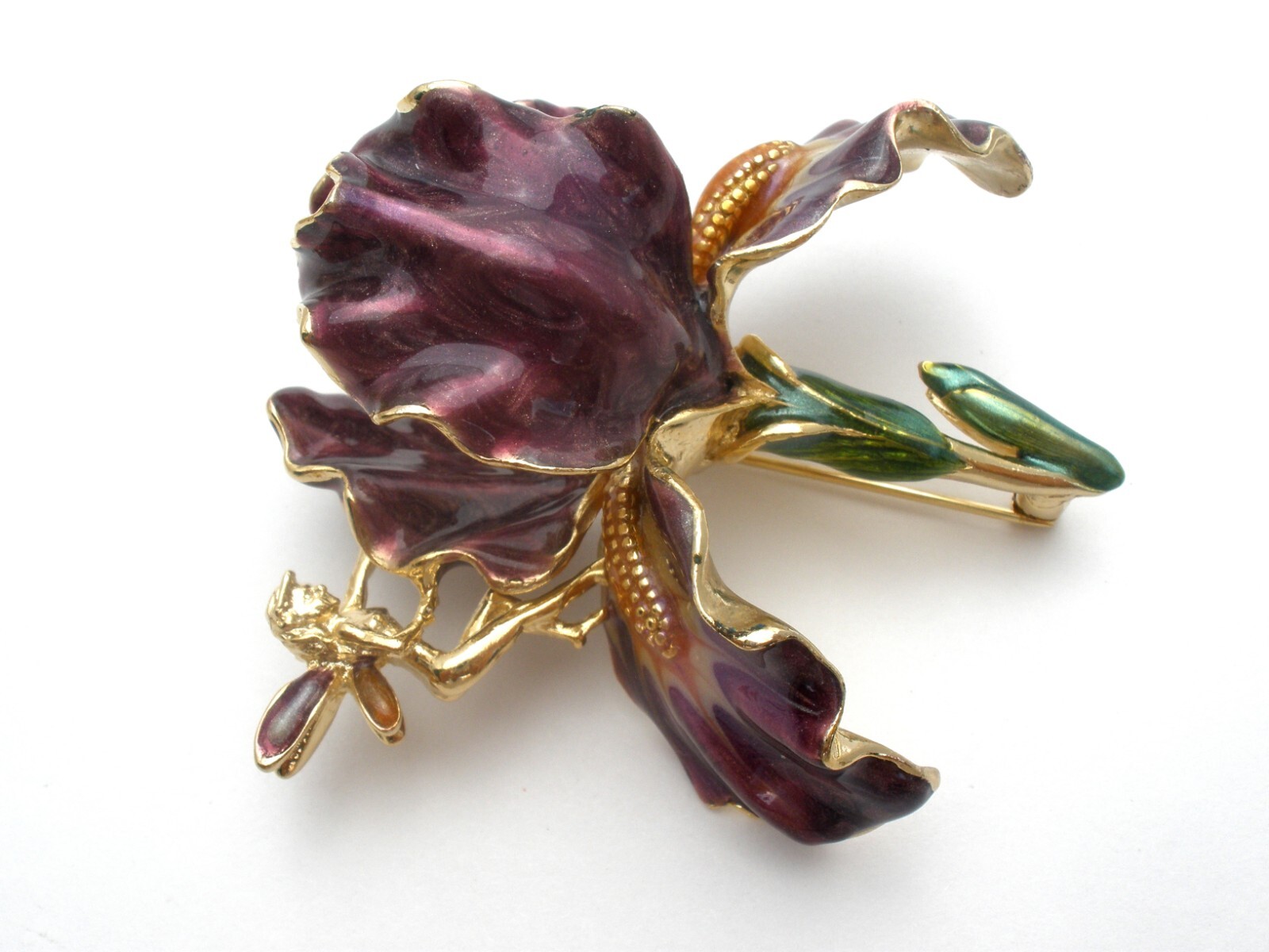 Kirks Folly Signed Brooch Purple Iris Enamel Orchid Pin With Golden Fairy