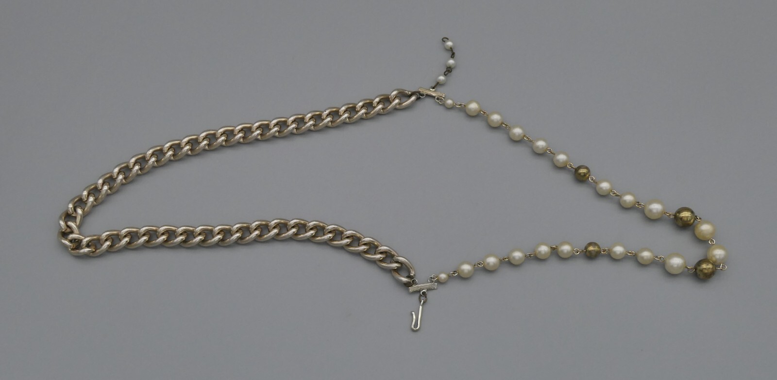 Vintage Dual 2 Strand Choker Necklace Faux Pearl Gold-Tone Curb Link Japan 15″