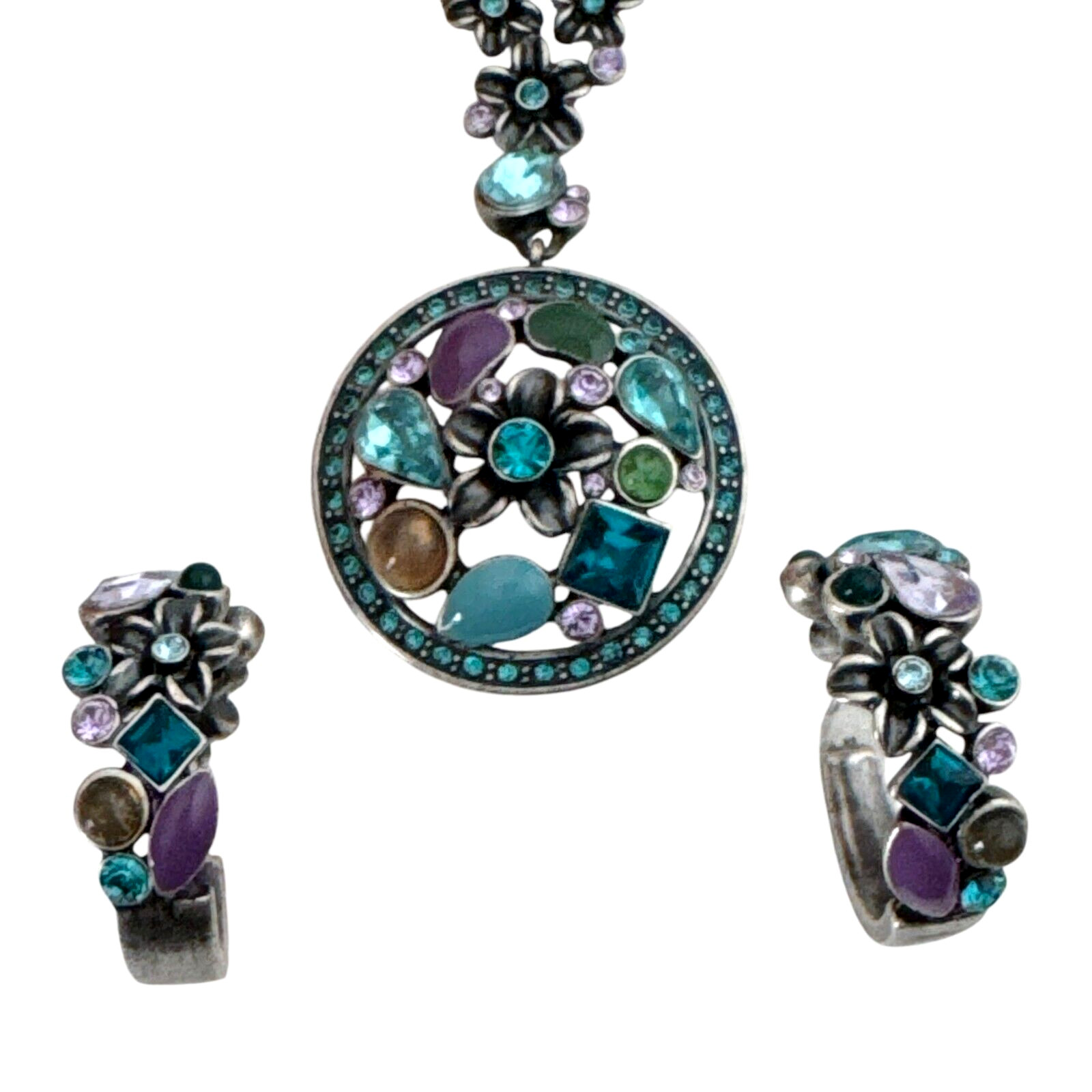 Floral Purple Blue Rhinestone Enamel Pendant Necklace / Earring Set ~Silver Tone
