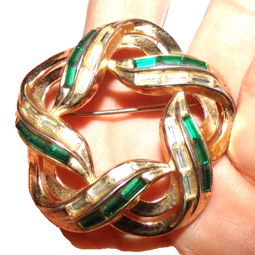 CROWN TRIFARI PAT. PEND signed pin with green and clear channel set stones–OMG!