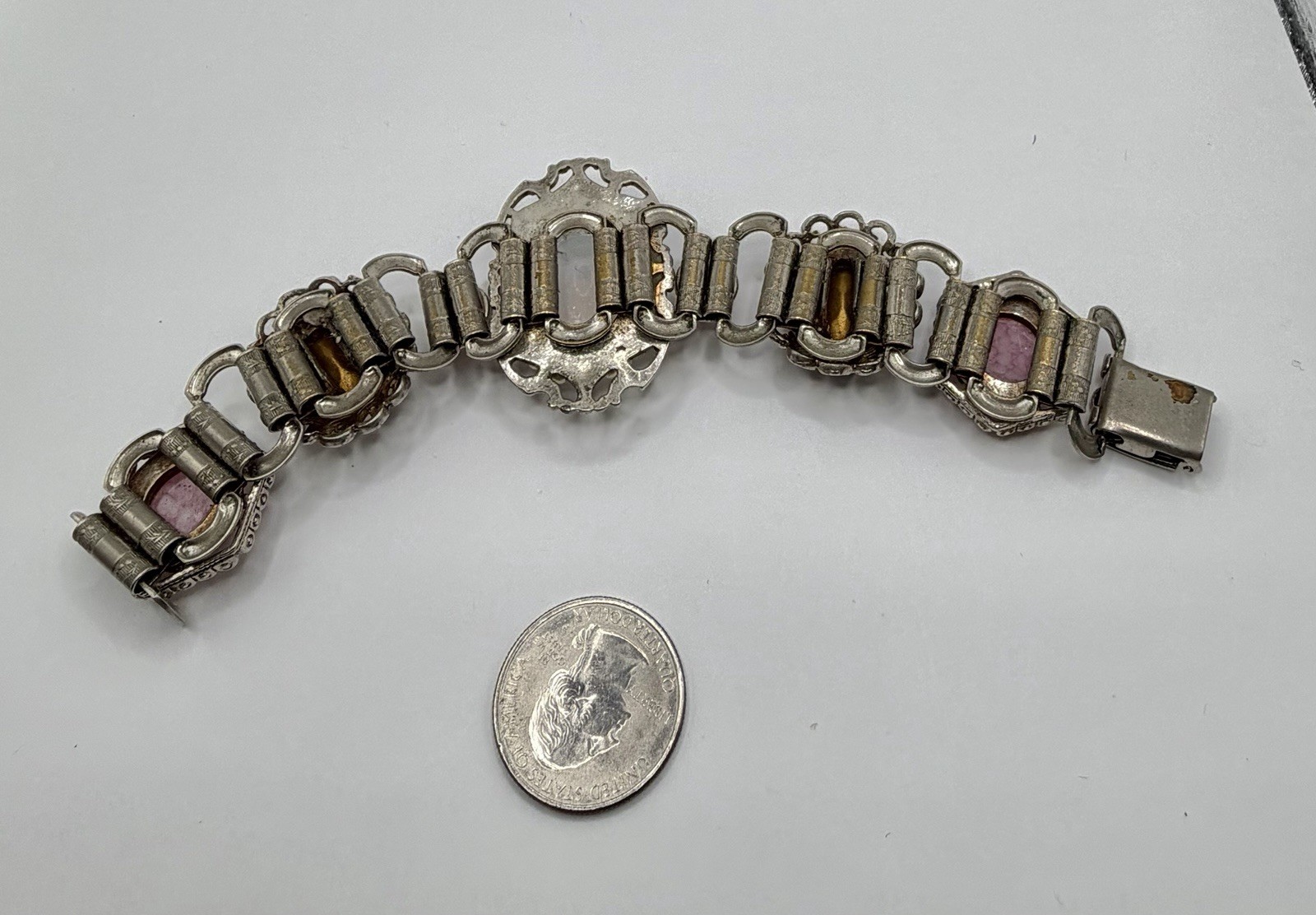 Vintage MCM Upcycled Pink Marbled & Red Rhinestone Clear Opalite Design Bracelet