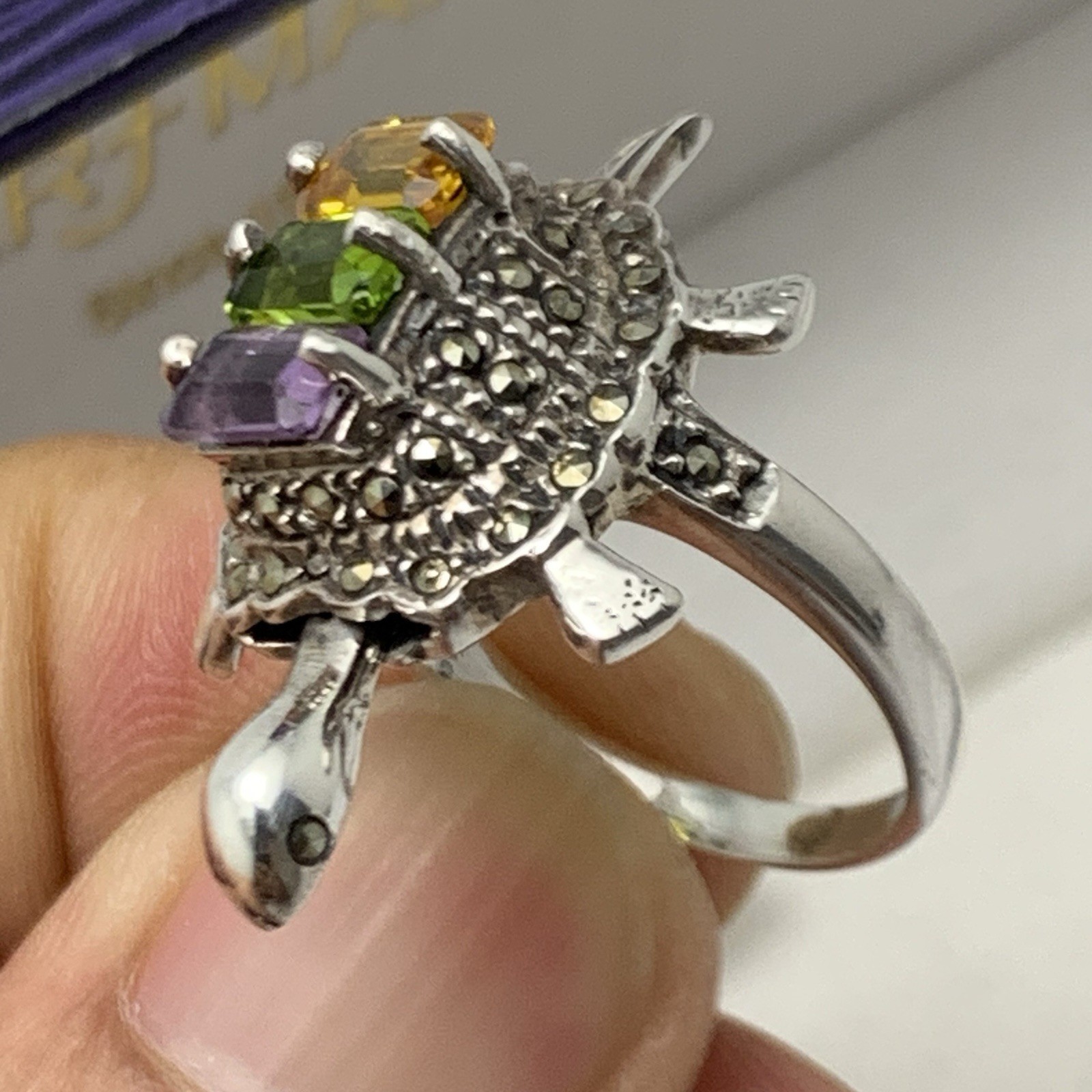 Vtg Turtle Ring w Moving Head 925 Sterling Silver Multi Colored Gem / Marcasite