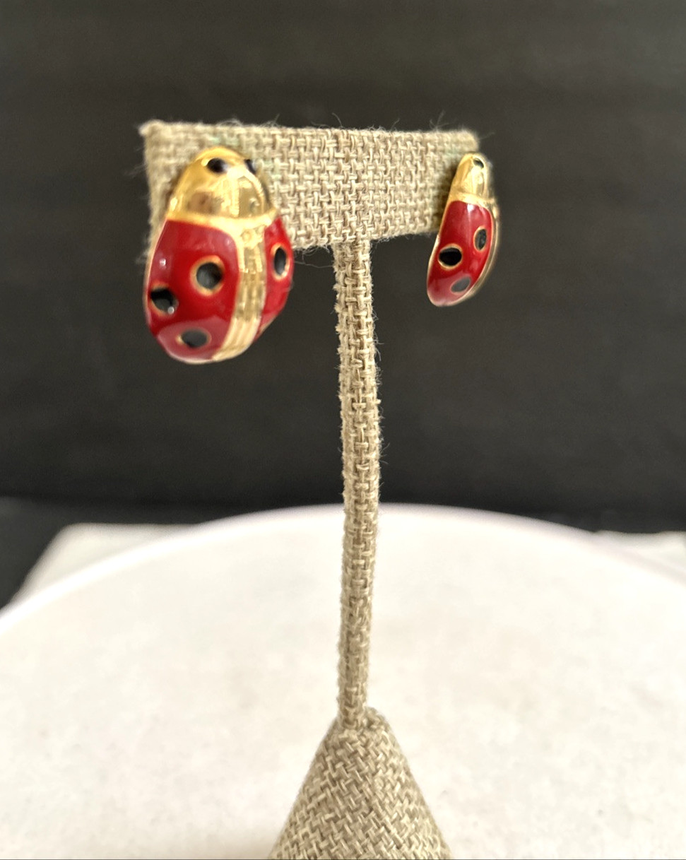Vintage Gay Boyer Earrings Enameled Red & Black Gold Tone Lady Bugs Signed
