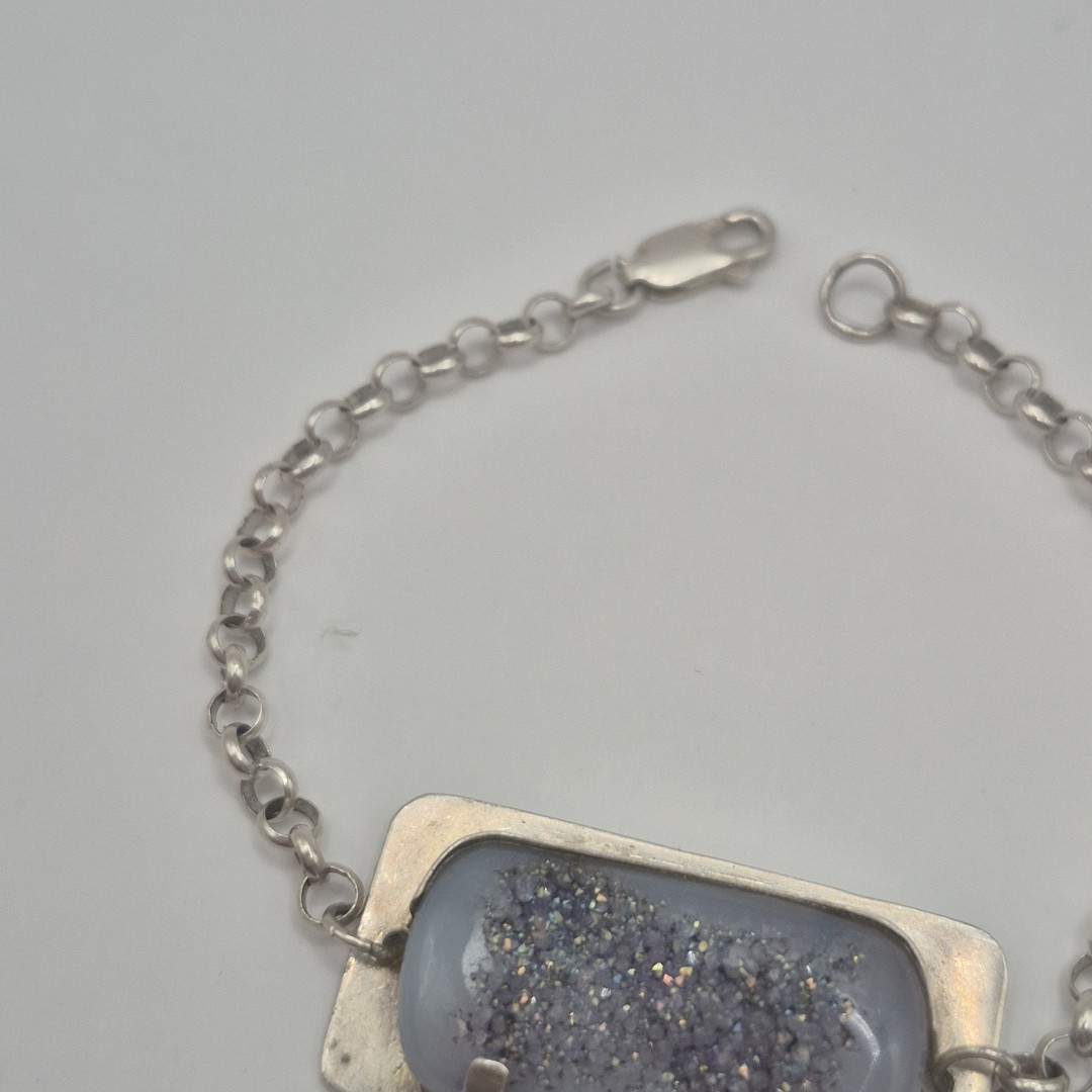 Vintage Sterling Silver 925 Titanium Druzy Quartz Geode ID Bracelet 7″