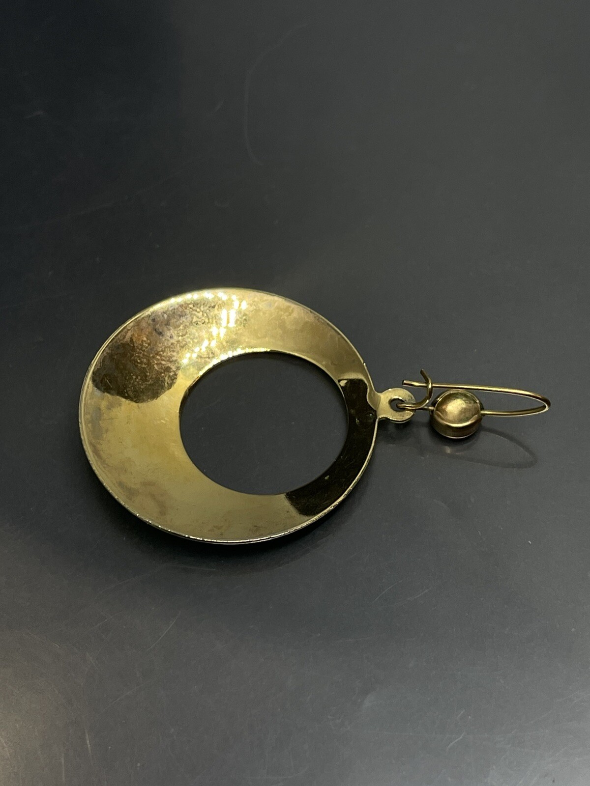 Vintage Gold Tone Green Enamel Hoop Dangle Drop Fishhook 1.8” Retro Earrings
