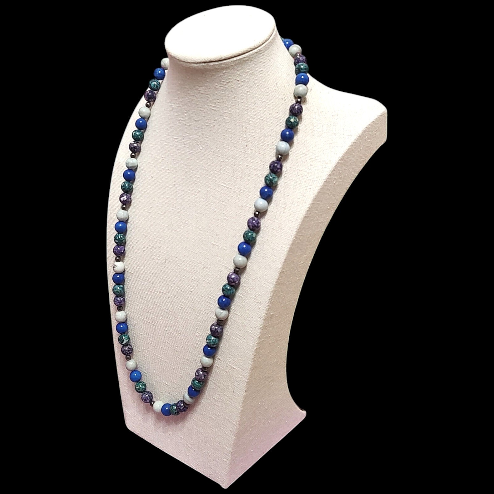 VTG Boho Long Blue Purple Natual Stone Beaded Bohemian Statement Necklace 25″