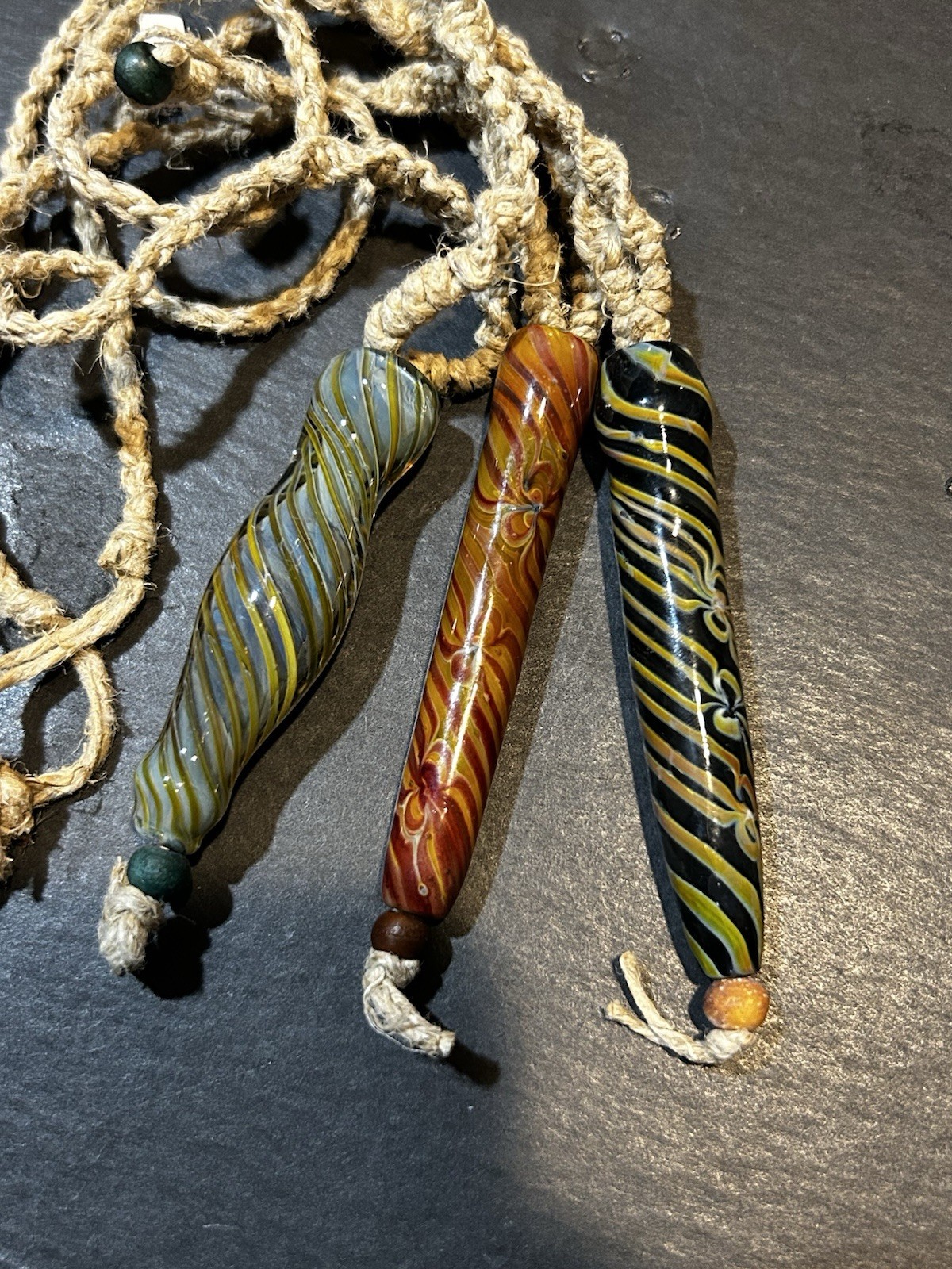 Vintage Rare Rotating pattern handmade glass pendant Necklaces Hemp Rope Weaving