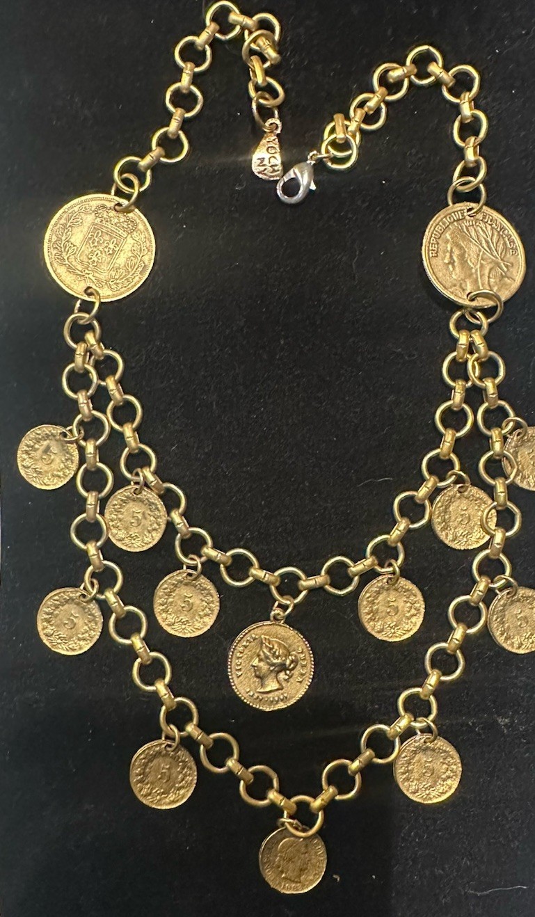 Vintage Coin Necklace Yochi New York 24 Kt Gold Plated Double Strand Link Signed