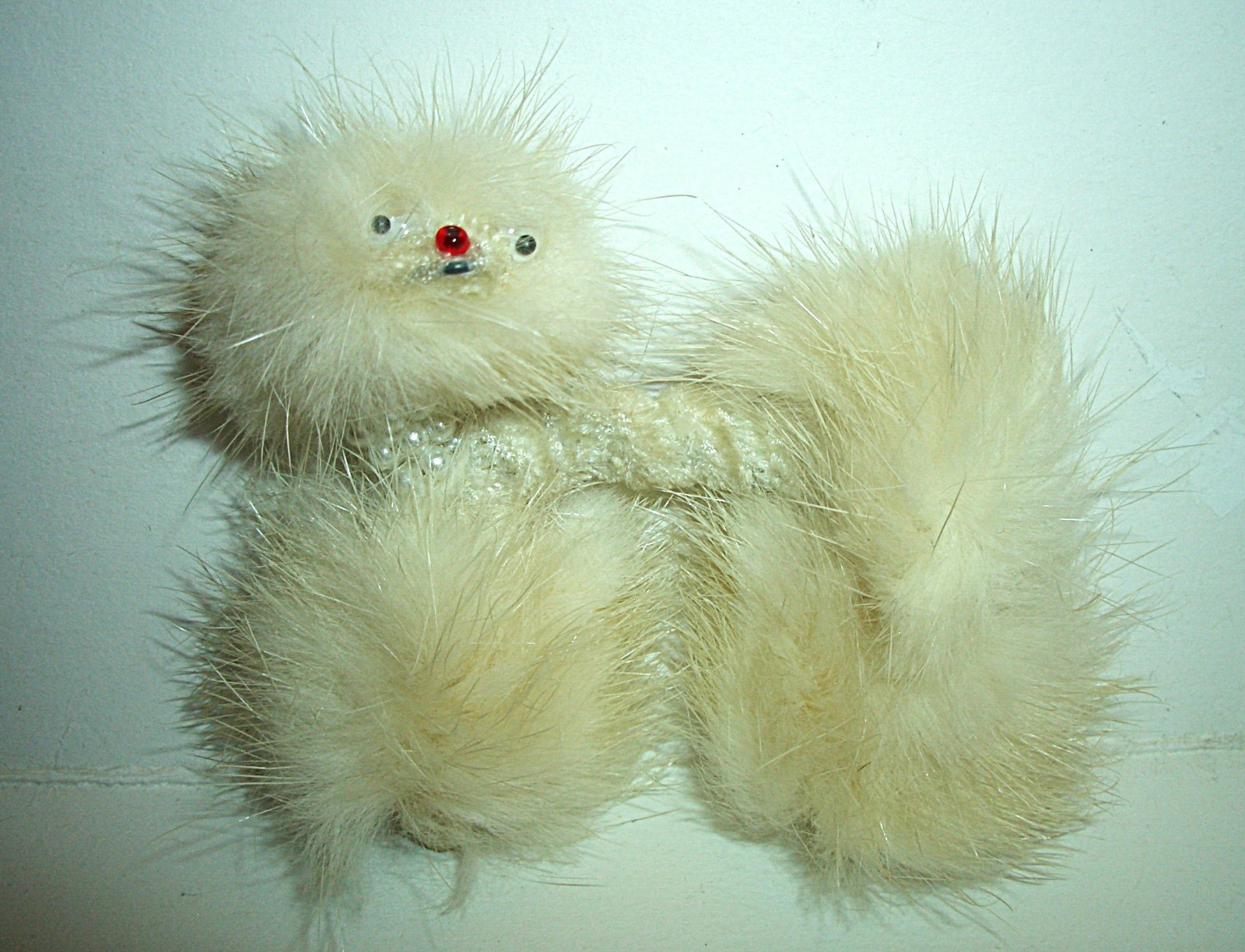 Vtg 50s Cream Color French Poodle Genuine Mink Fur Pin Googly Eyes Pearl Collar