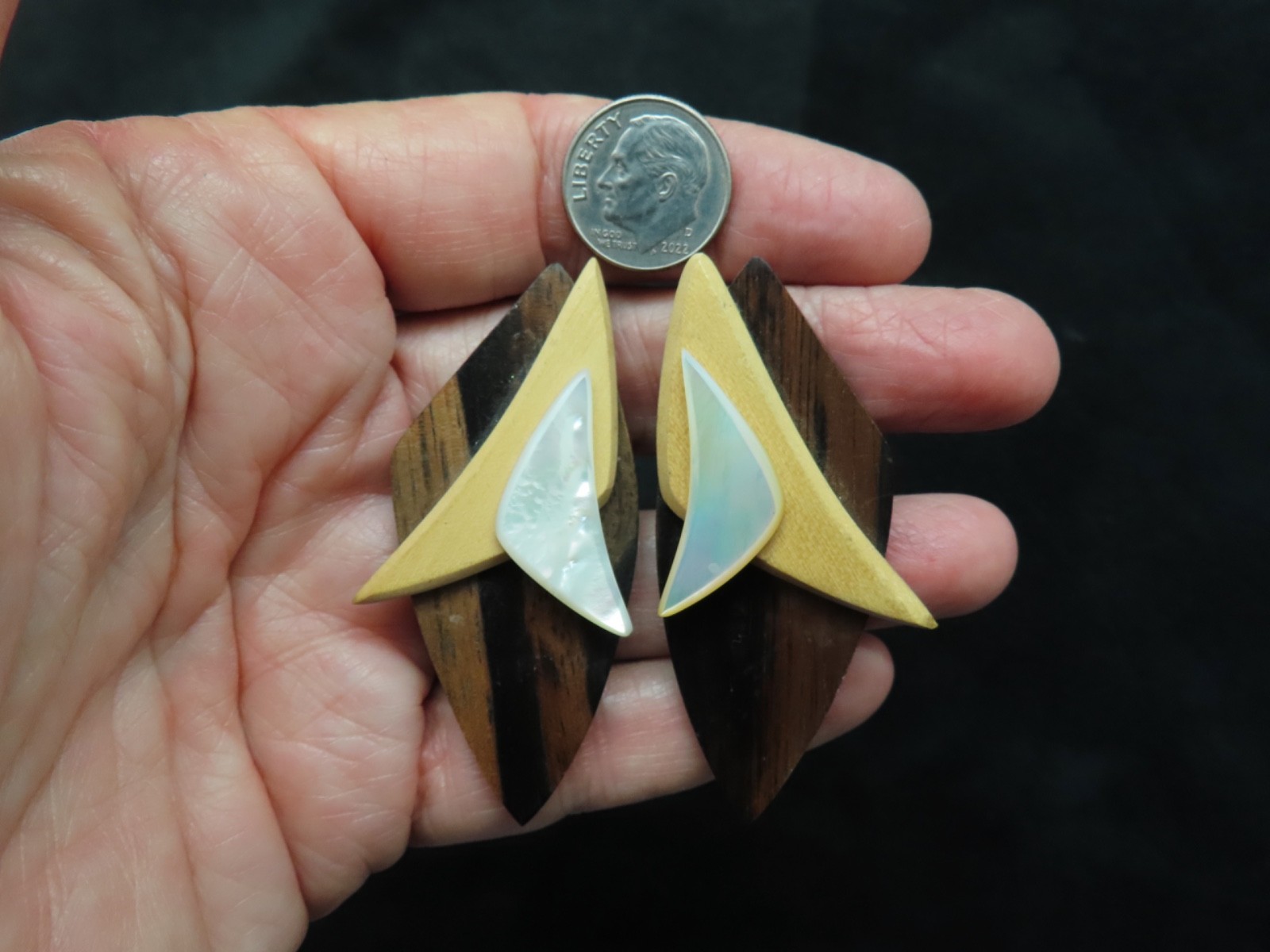 Vintage 1980’s Wooden Oversize w/MOP Shell Clip Earrings