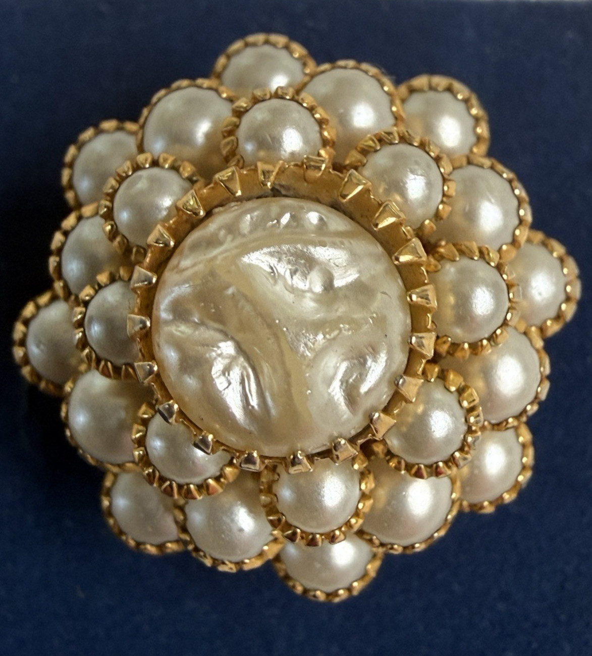VTG Signed Judy Lee Faux Pearl Dome Cluster Cocktail Ring Adjustable Gold-Tone