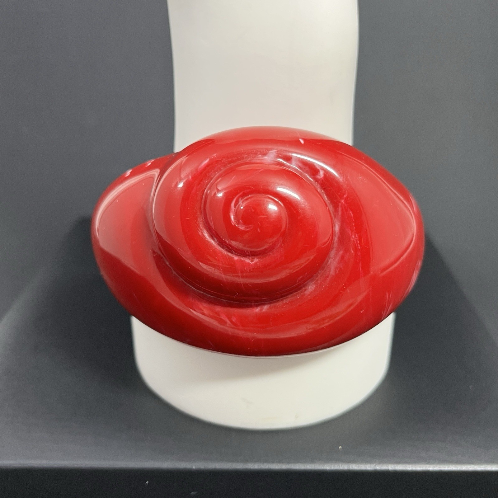 Red Lucite Cuff Bracelet Wide Chunky Statement Spiral Nautilus Shell Modernist
