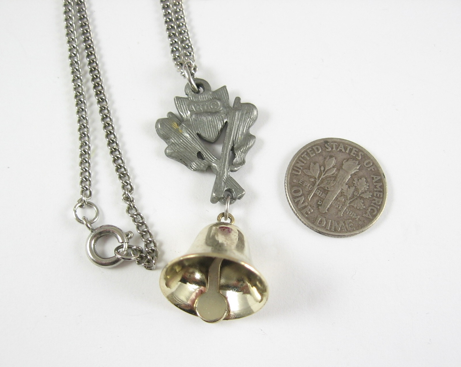 Red White Blue Enamel SHIELD Pewter Pendant Vintage Necklace Silvertone BELL ART