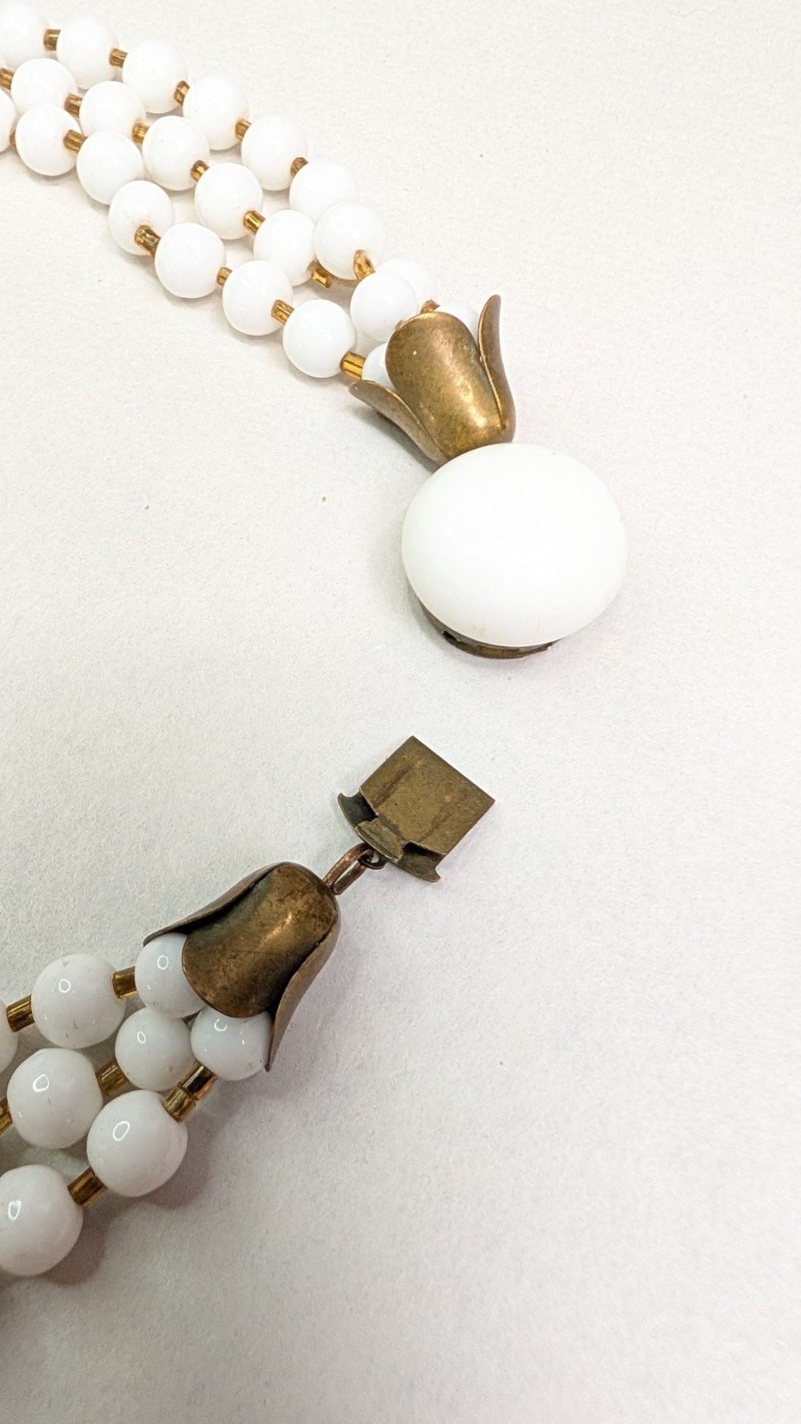 1950s Milk Glass Necklace Triple Strand With Brass Tulip Caps Glass Clasp 16.5in