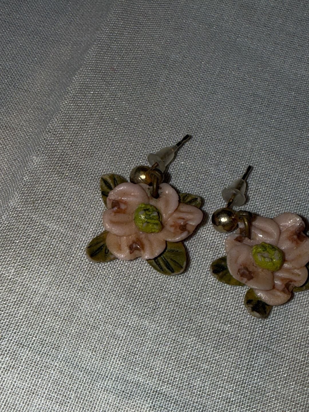 Vintage Hand Painted Dogwood Flower Post Earrings Pink and Green