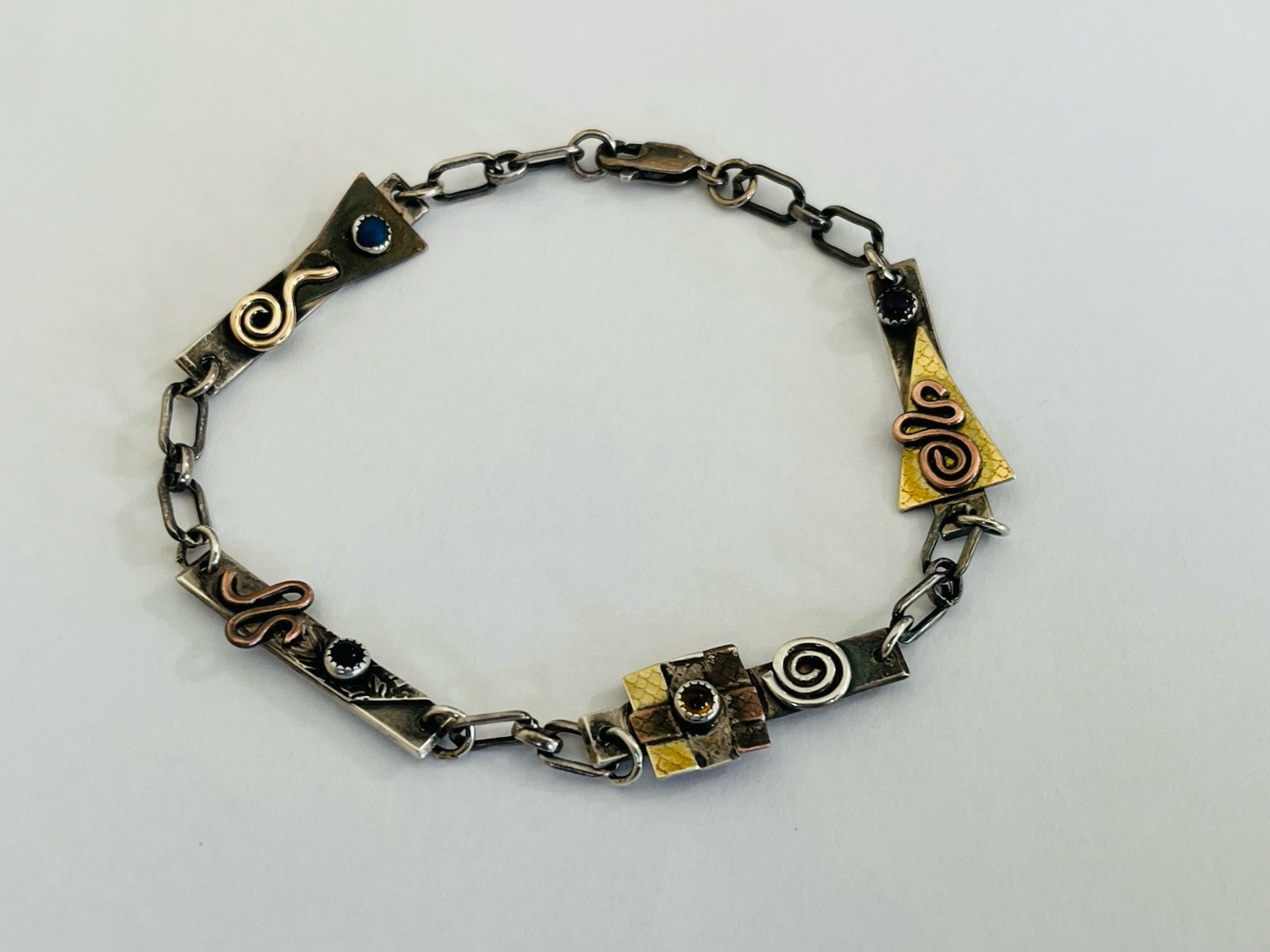Vintage Signed MA Modernist Mixed Metal Sterling Silver Stone Link Bracelet