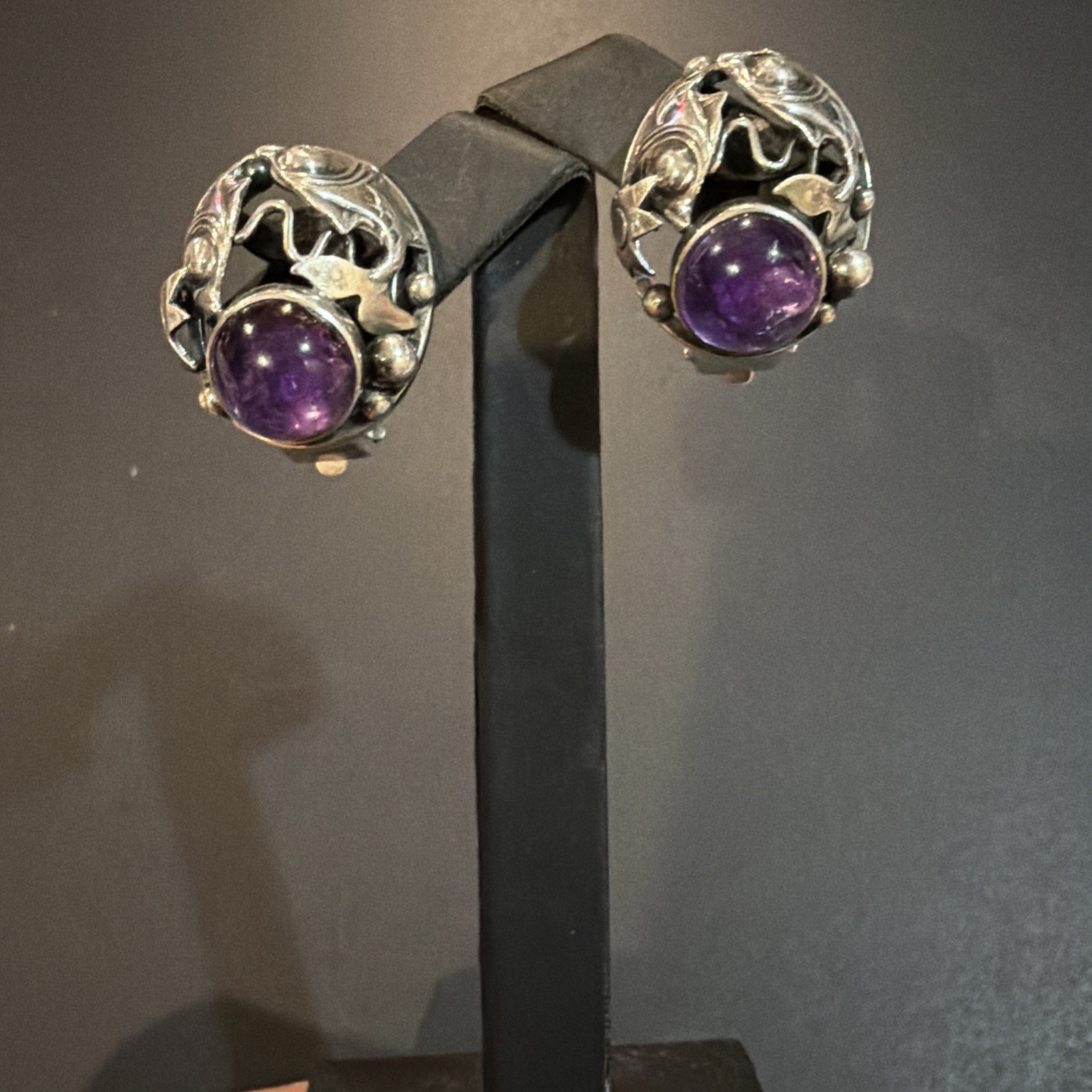 Vintage Rare N.E From Denmark Sterling Silver Amethyst Clip On Earrings