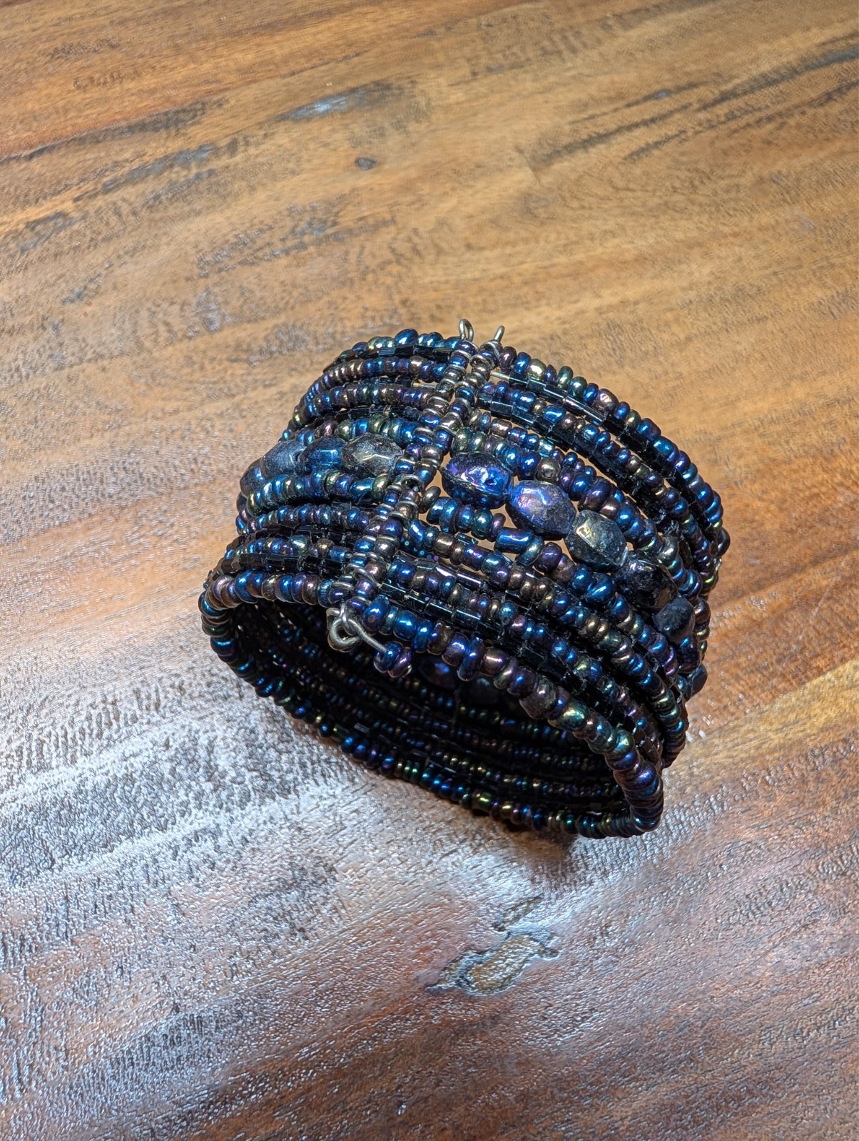 Boho Peacock Blue Purple Beaded Cuff Bracelet Memory Wire Statement Artisan Y2K