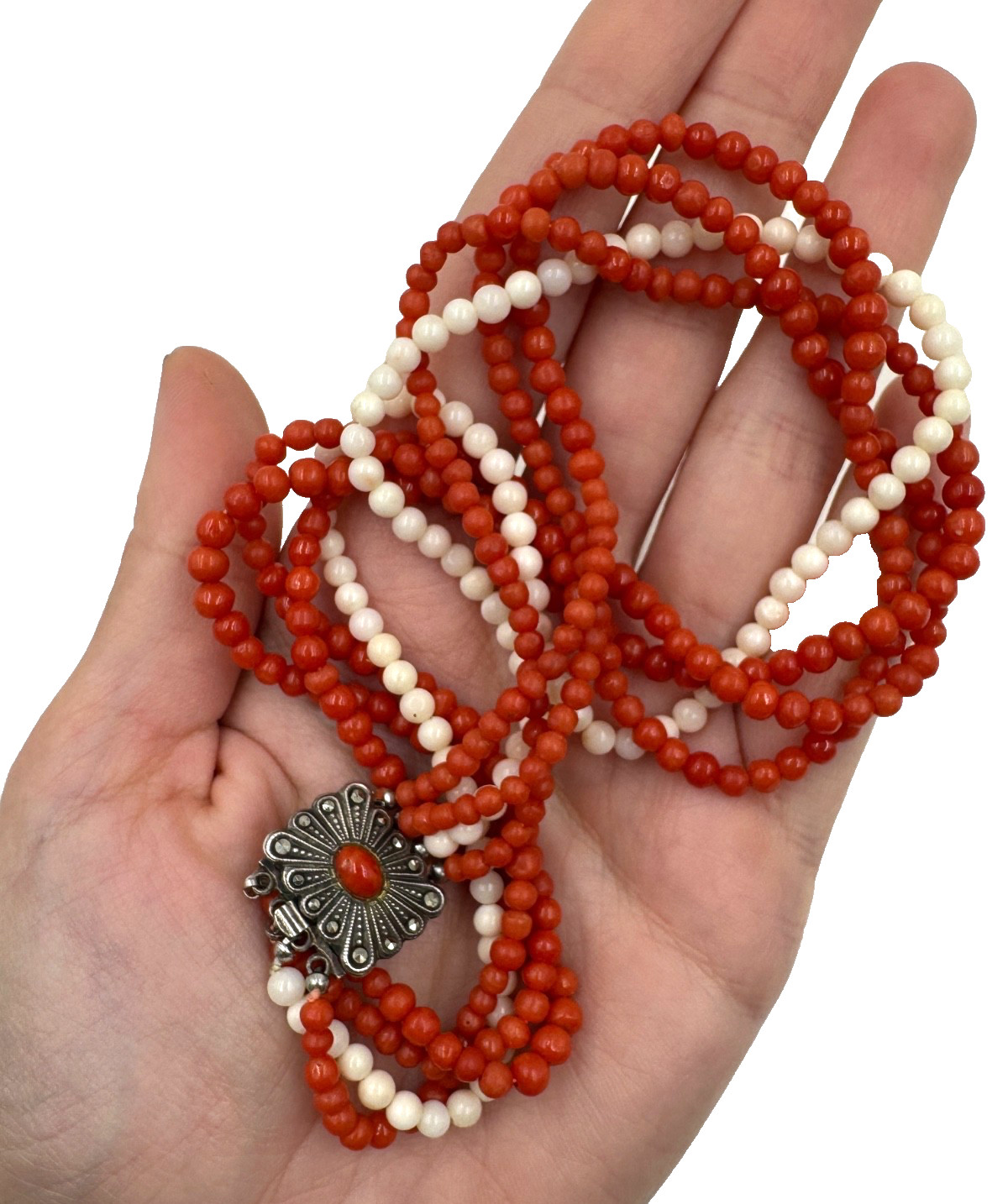 STUNNING GENUINE RED CORAL NECKLACE 4 STRAND 1 STRND WHITE CORAL STERLING SILVER