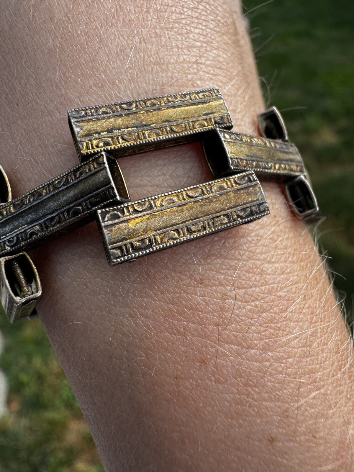 Art Deco Embossed Articulated Link Chain Sterling Silver Bracelet