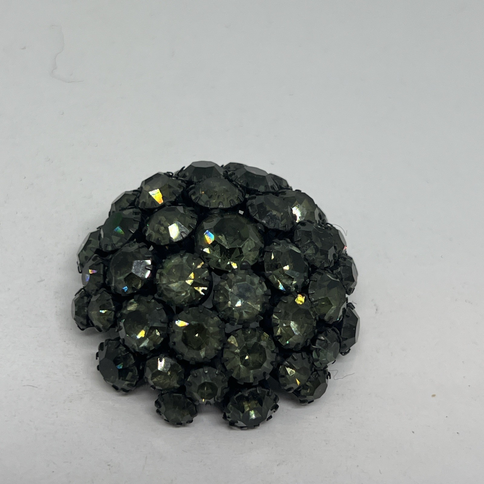 Vintage Signed Warner Black AB Rhinestone Dome Cluster Round 1.9” Brooch Pin