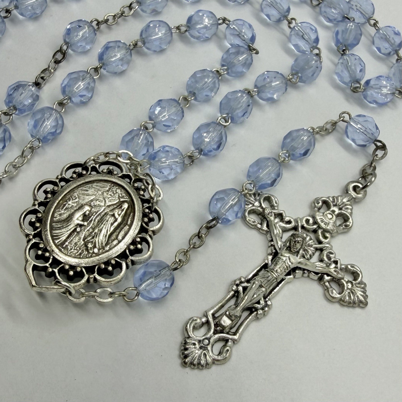 Vtg Religious Catholic Blue Glass Lourdes Cross Rosary Bead Necklace Holy Water