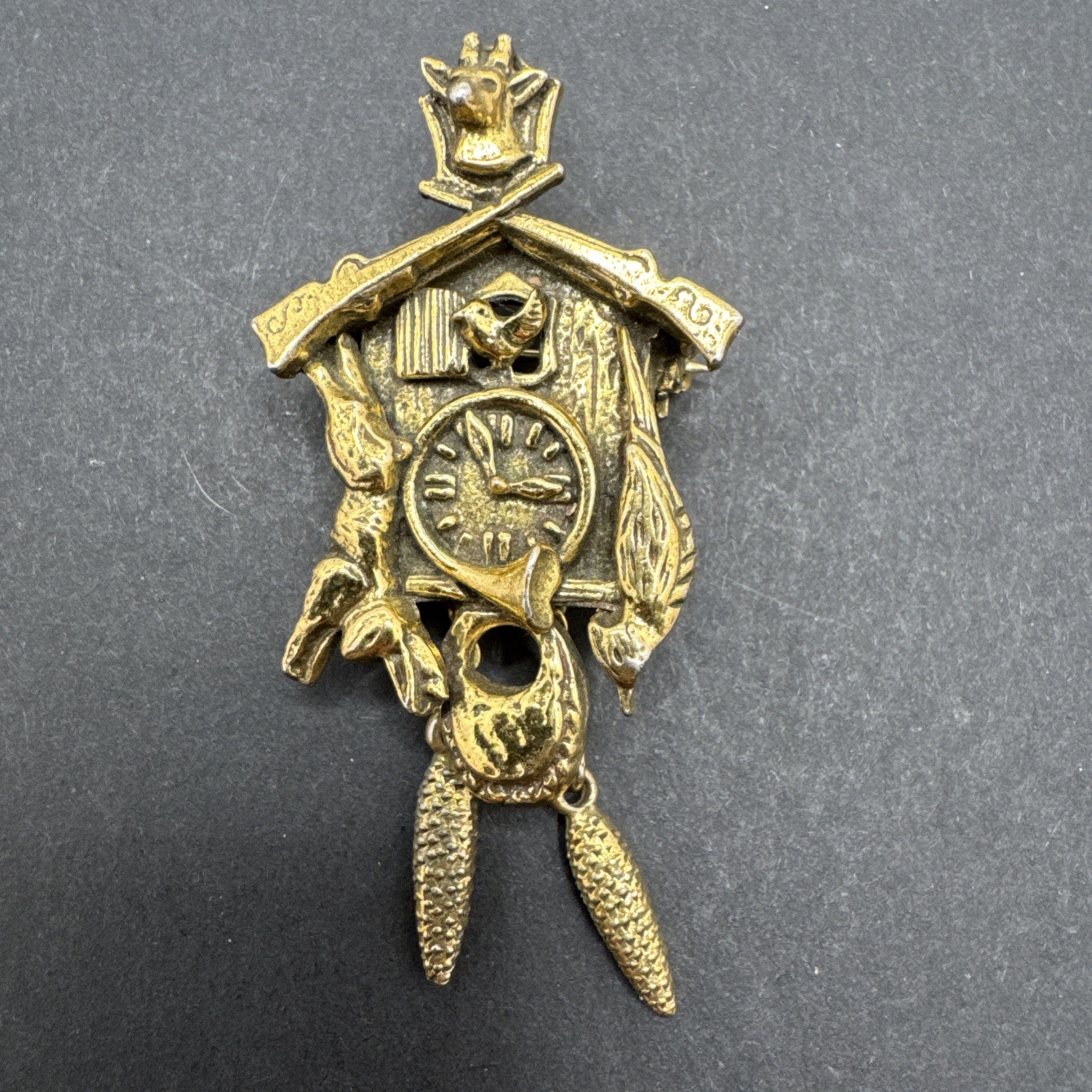 VINTAGE ZENTALL Cuckoo Clock PIN SIGNED GOLD TONED 2” Tall