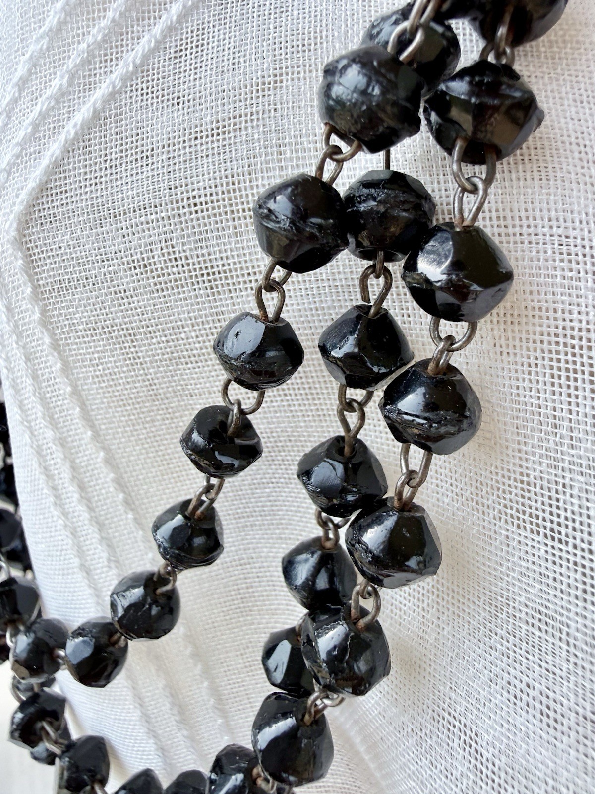 Black Victorian Vauxhall Glass Guard Chain Necklace 1cm x 8mm Beads 50” Long