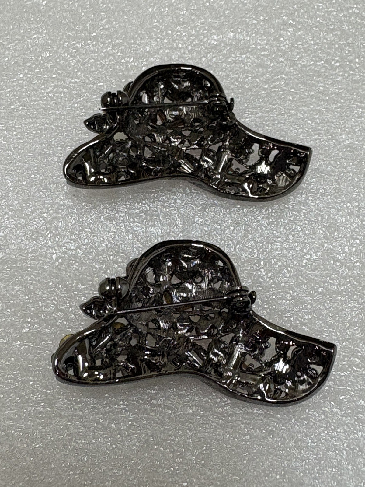 Vintage Red Iridescent Rhinestone Open Work Hat Brooch Pin Lot of 2 RHS Lovely