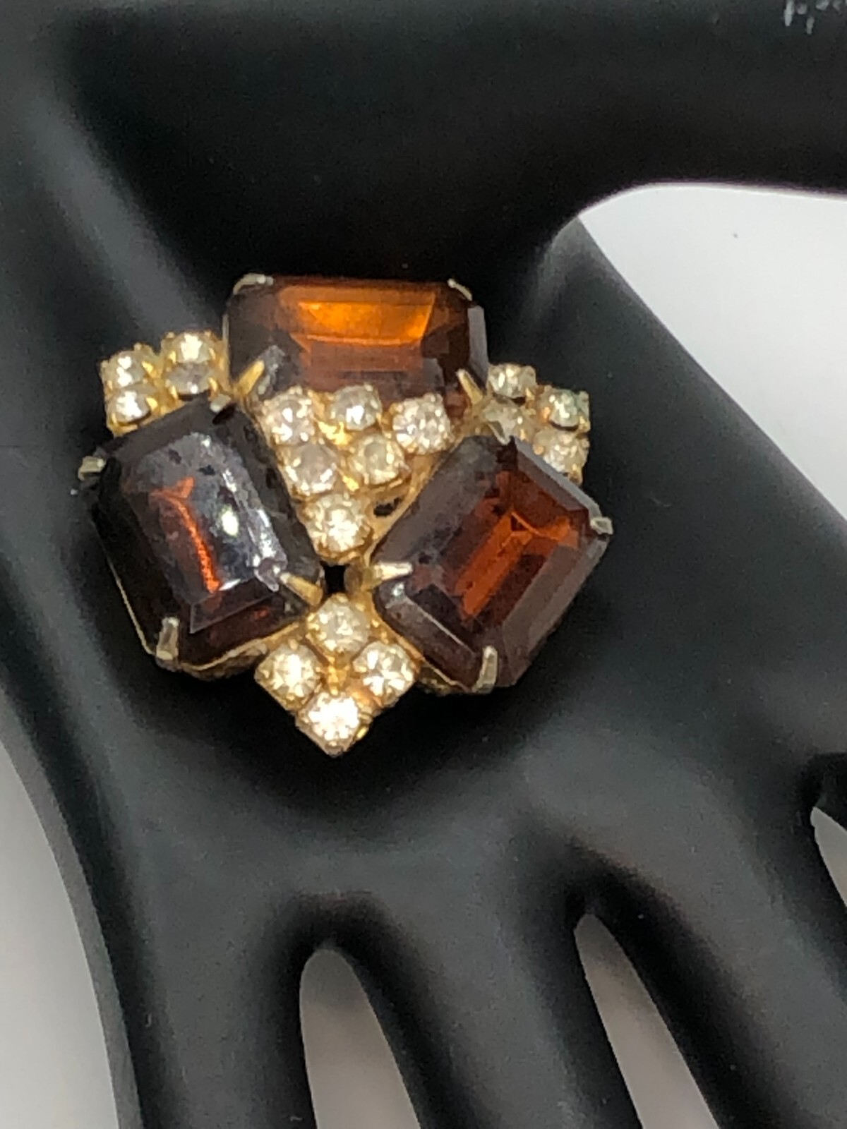 Vintage Gold Tone Amber Emerald Cut and Round Clear Rhinestone Brooch