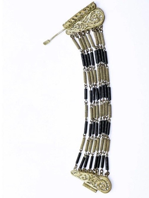Vintage Multi Strand Wire Wrap Bracelet Filigree Black Tube Bead Metalwork 6.4”