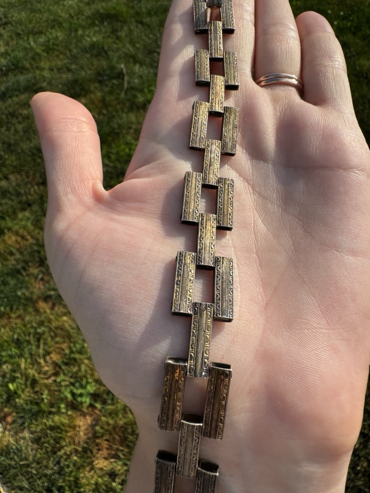 Art Deco Embossed Articulated Link Chain Sterling Silver Bracelet