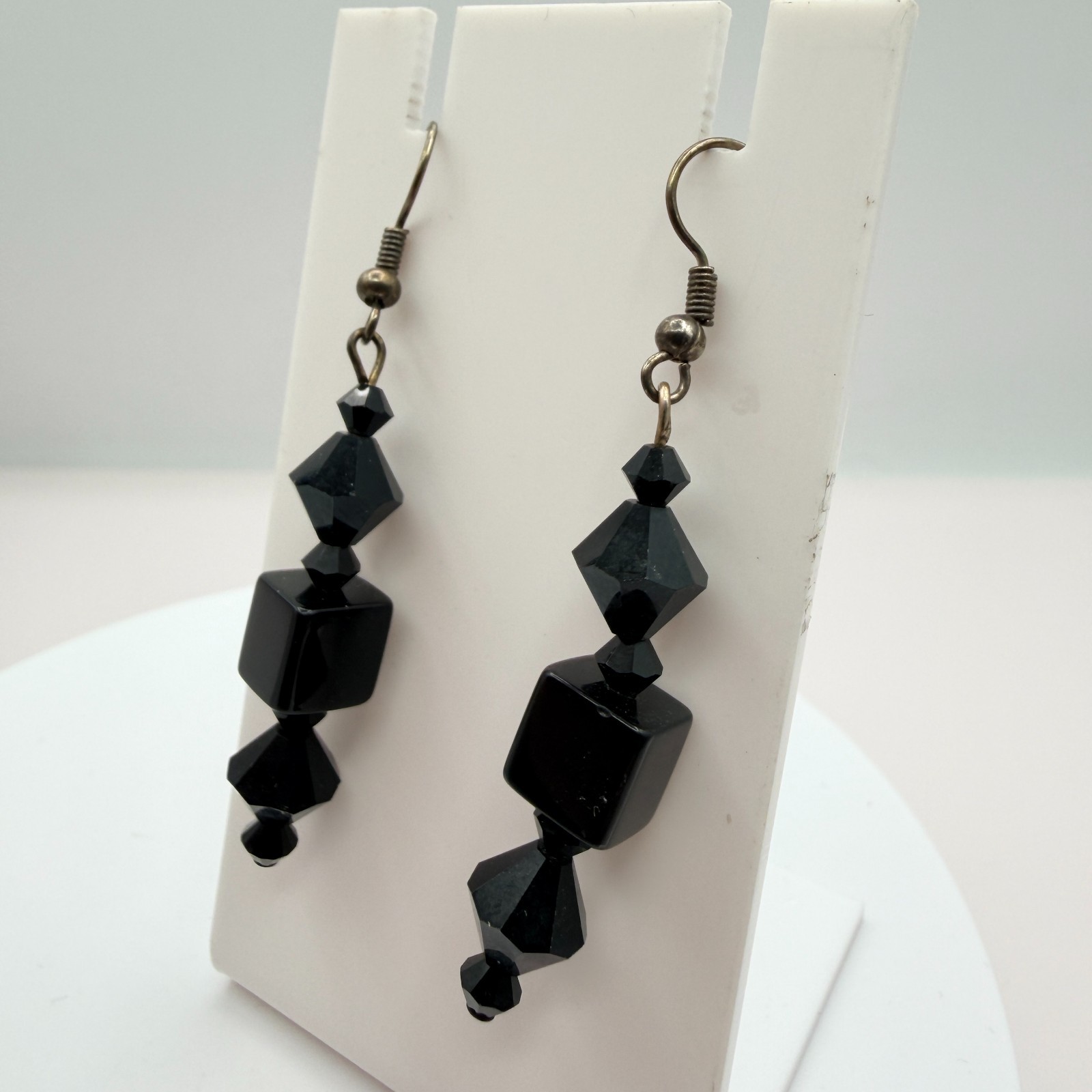 Vintage Black Beaded Bracelet Dangle Earrings Set Gunmetal Tone Geometric Goth