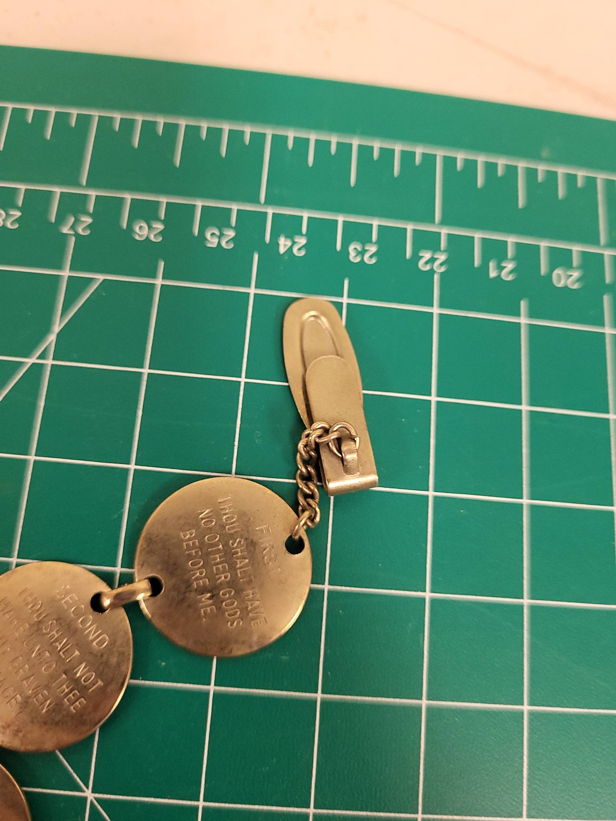 Vintage Ten Commandments Gold Tone Religious Medallion Coin Link Bracelet Clip