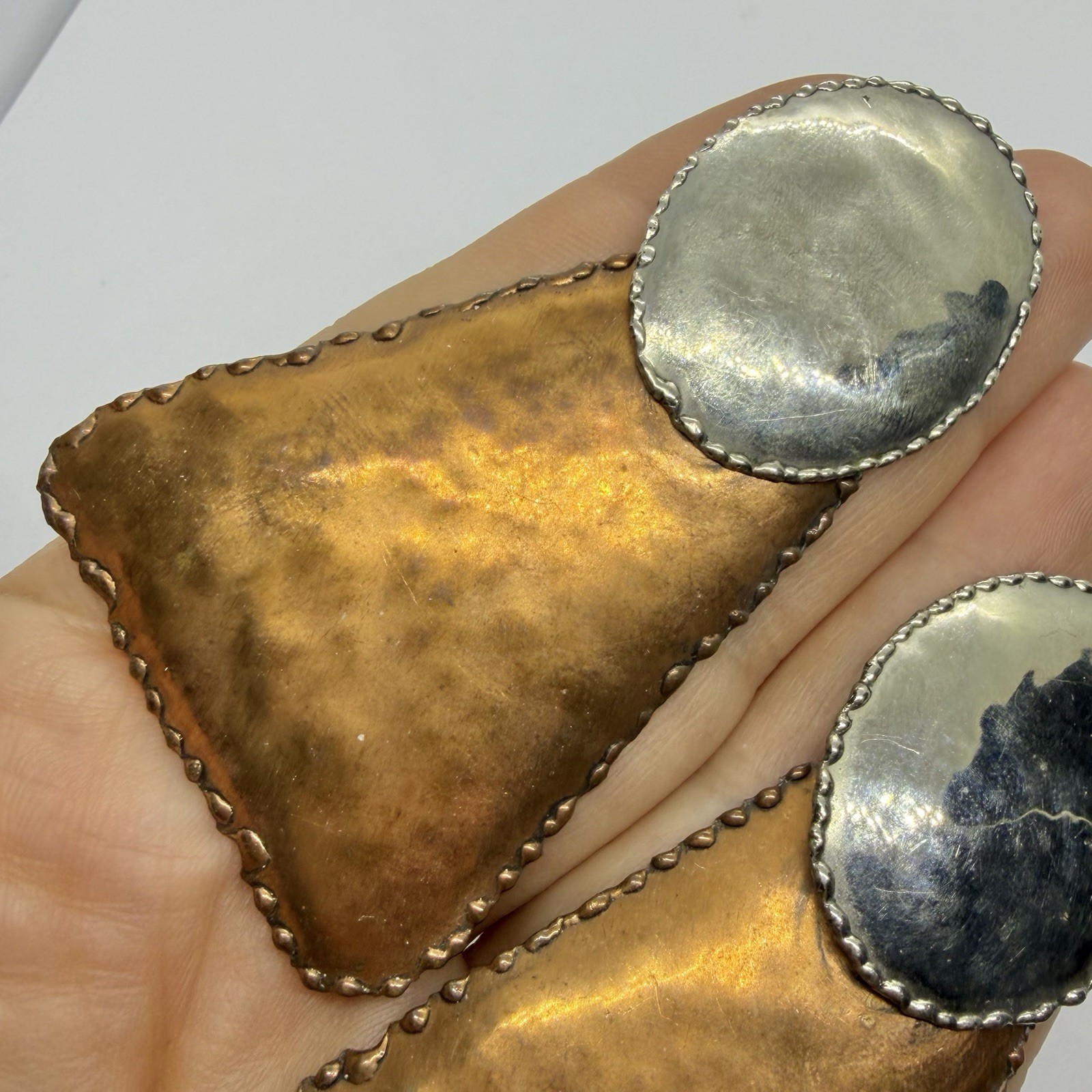 Vtg Big Artisan Mixed Metal Brutalist Statement Earrings Geometric Post Hammered