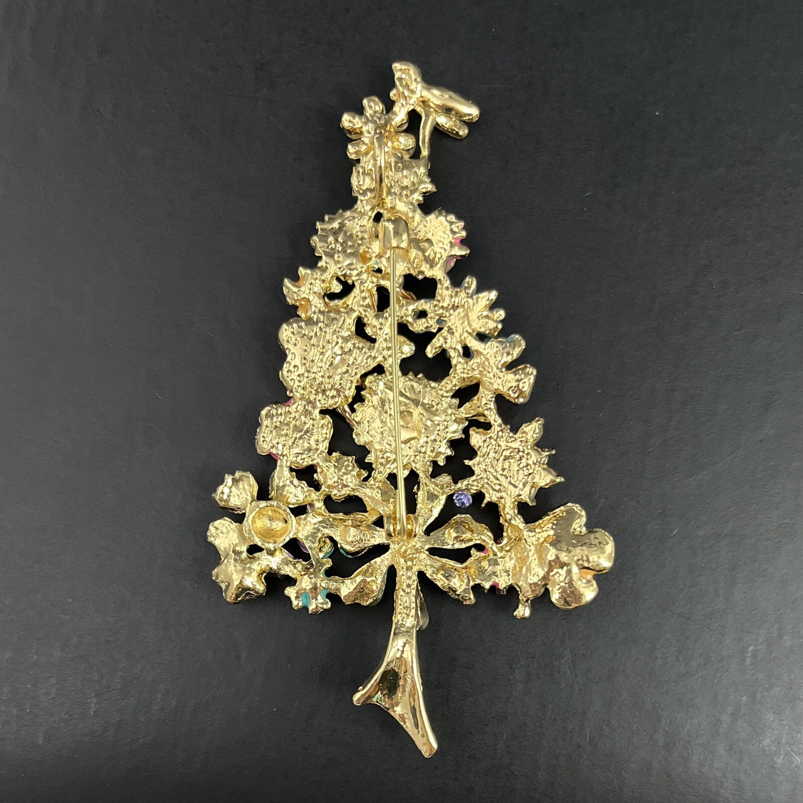 Gold Tone Christmas Tree Brooch Pin Floral Multicolor Rhinestone Pendant Large