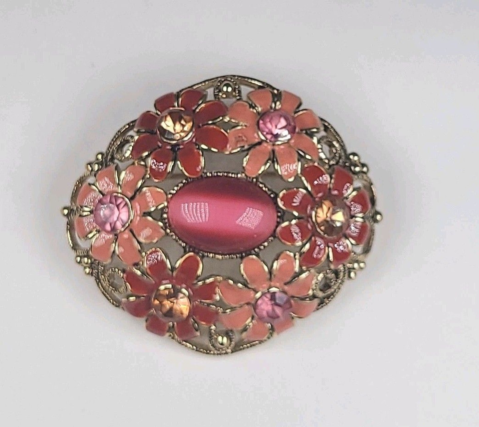 Vtg. Retro Oval Domed Enamel Rine Stone Moon Glow Cabochon brooch