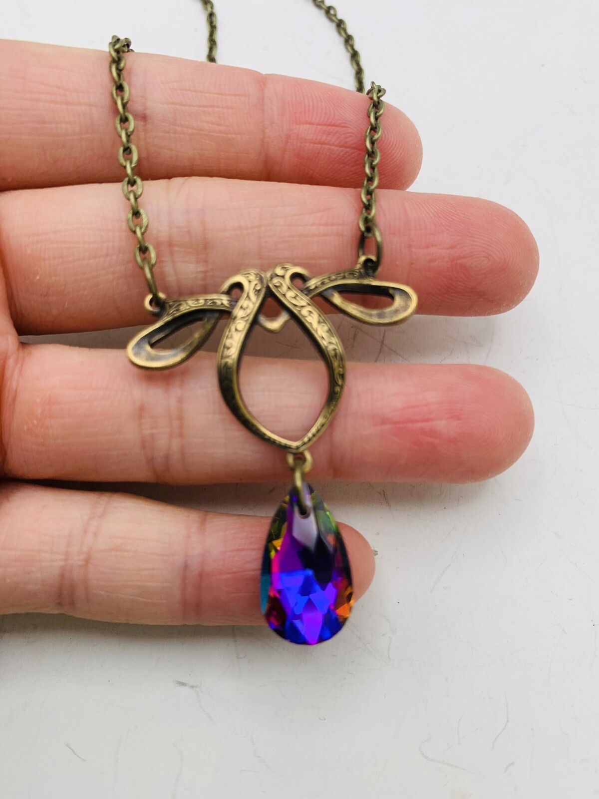 Vintage Style Art Nouveau Bronze Tone Rainbow Teardrop Bead 18 in Necklace