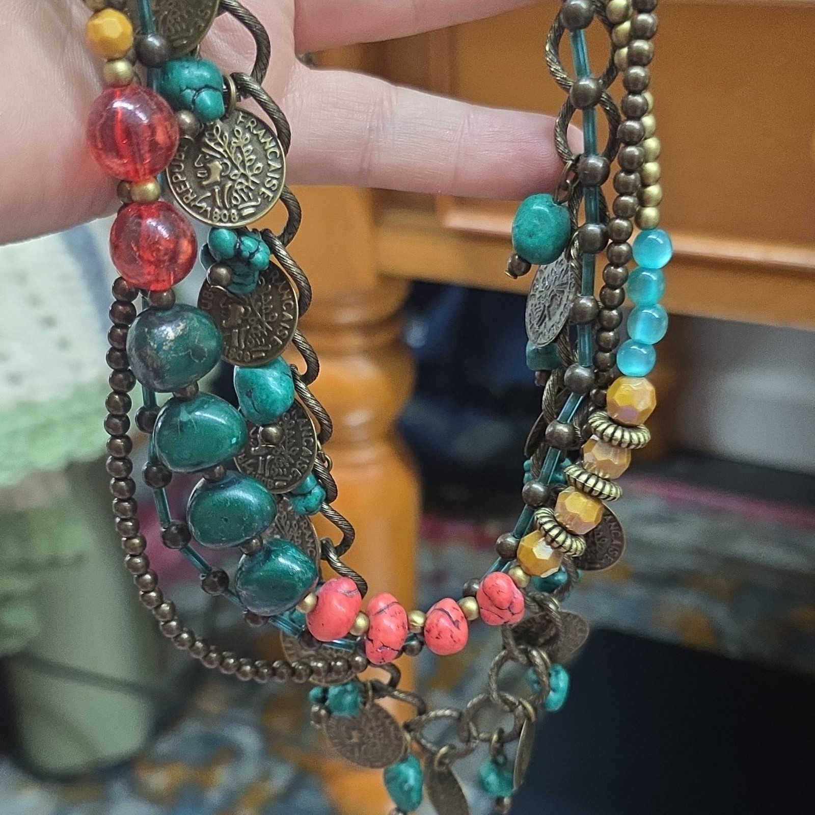 Vintage Multi-Strand Bohemian Statement Necklace Francaise Coin Charms Beads EUC