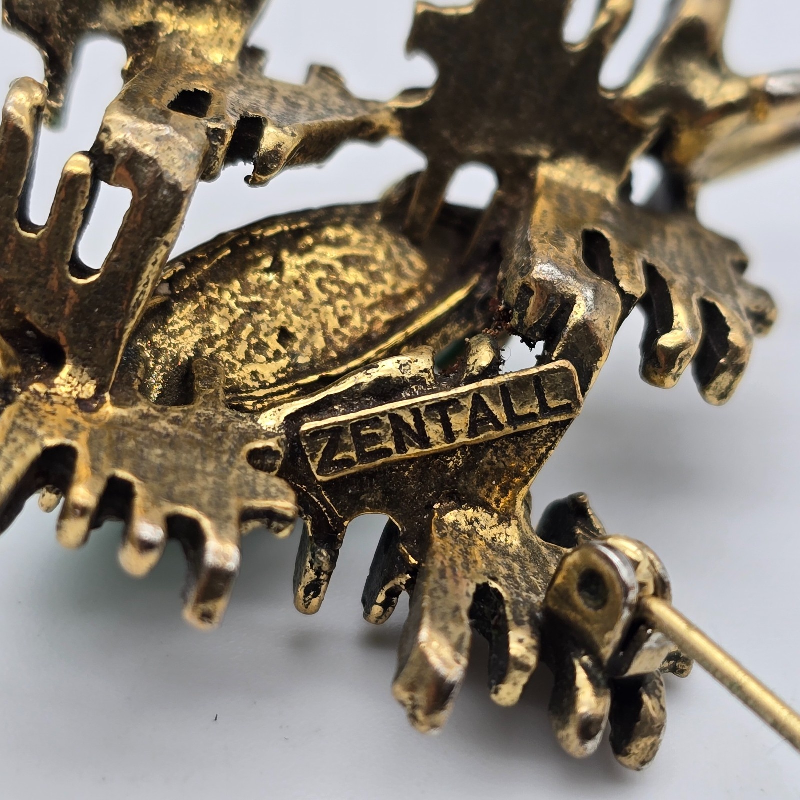Vintage ZENTALL Brutalist Green Glass Gold Tone Brooch / Pendant