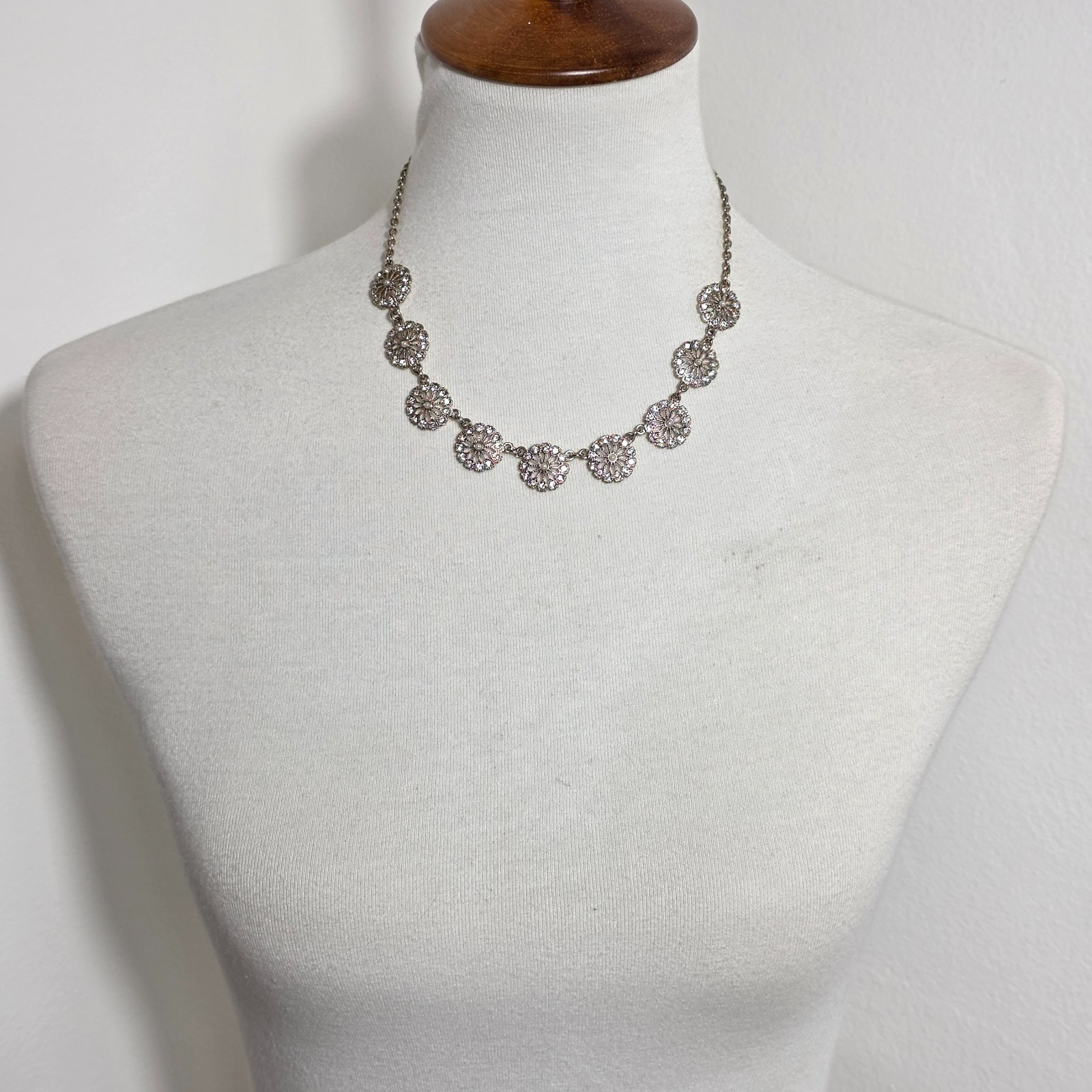 Banana Republic Stylized Daisy Bib Necklace Silver Tone with White Rhinestones