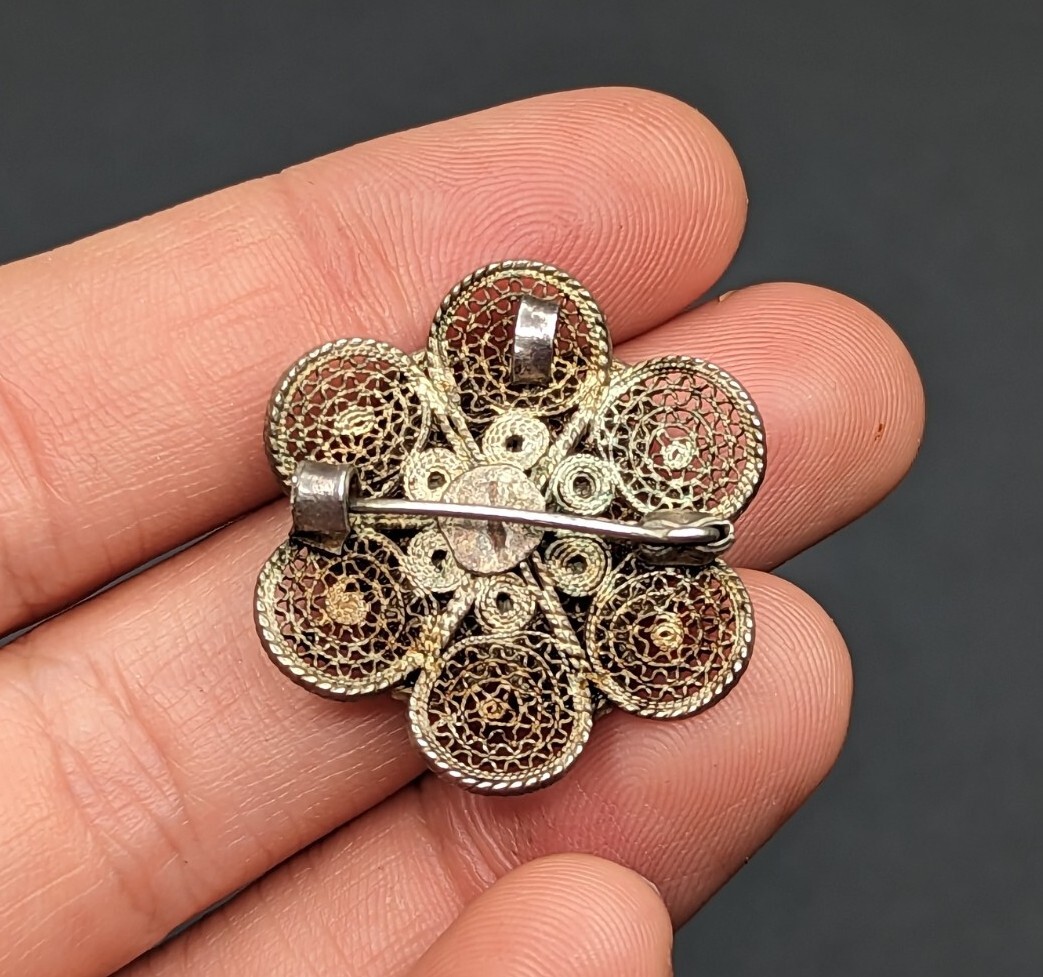 Vtg Sterling Silver Cannetille Filigree Flower Red Brooch Pin Pendant C-Clasp