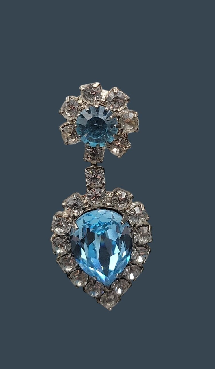 Vintage Art Deco Baby Blue Clear Rhinestone Teardrop Dangle Post Earrings