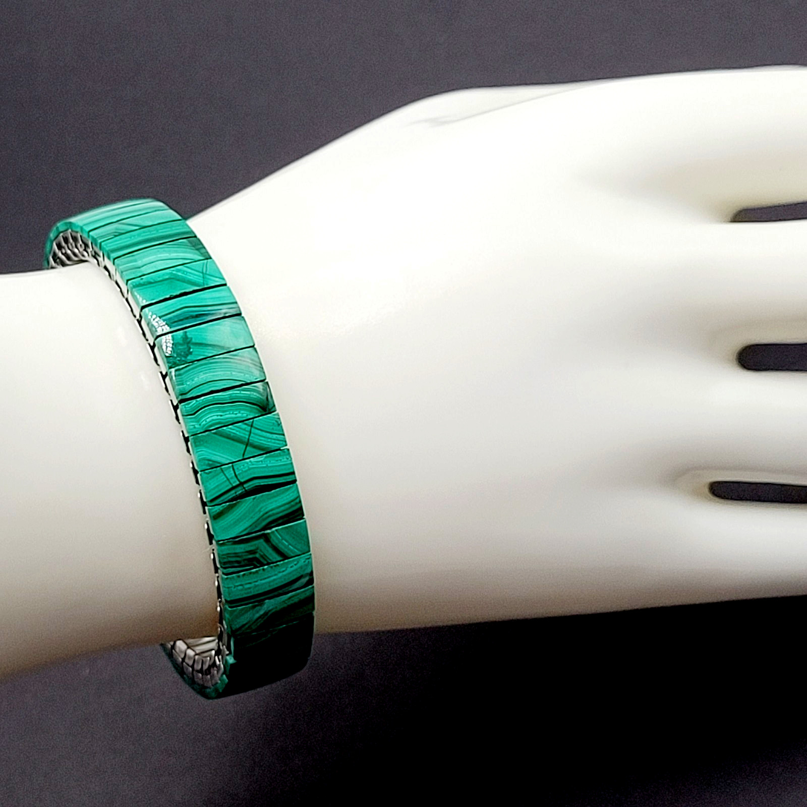 Malachite Stone Green Veneer Panel Stainless Steel Expanding Vintage Bracelet