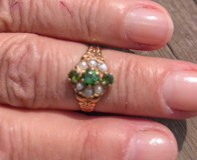 9 k rose gold Victorian ring with 3 green tourmaline and seed pearls sz6