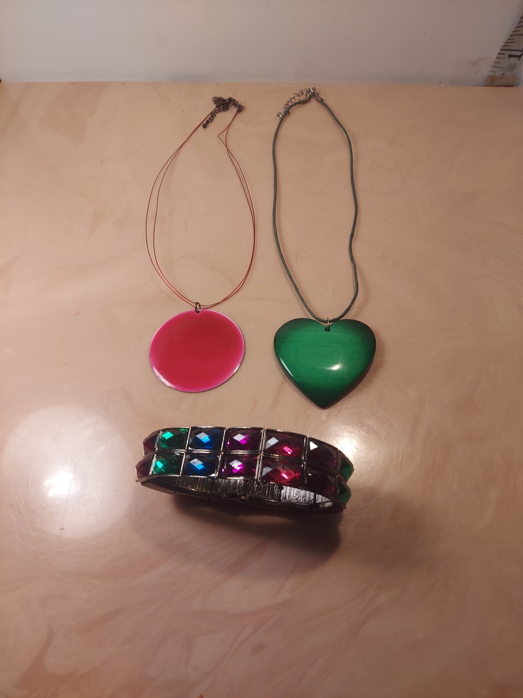 Vintage Costume Jewelry – Heart & Round Shaped Necklace, Multicolor Bracelet