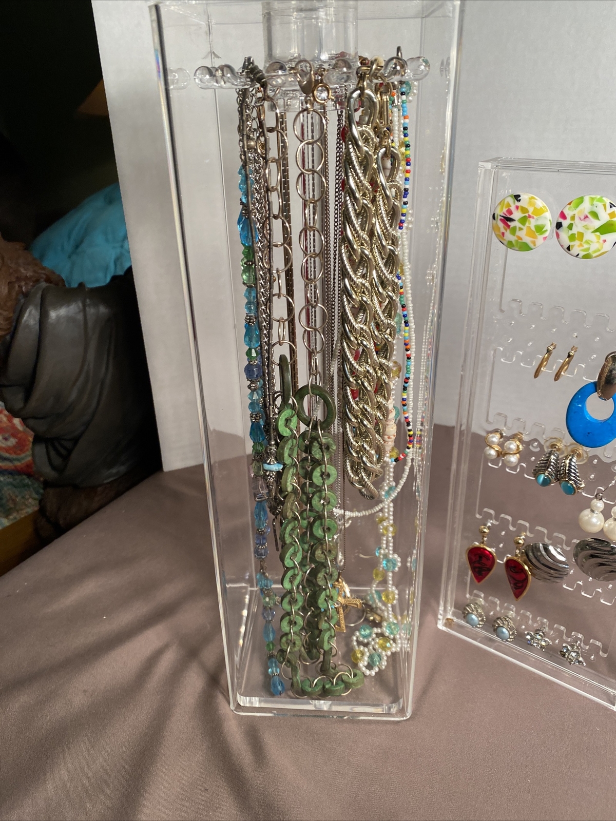 Vintage Lot 60 Pairs Earrings, 15 Necklaces & Acrylic Displays Monet, Avon