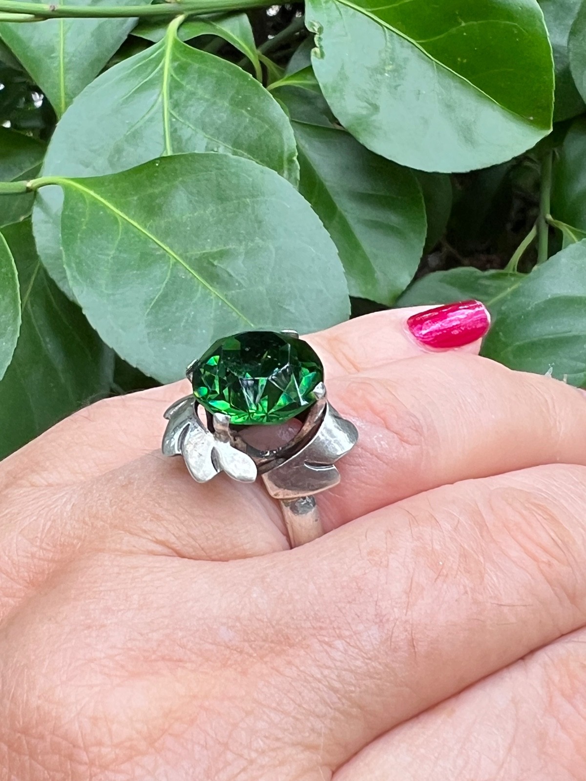 VINTAGE LARGE ROUND GREEN PASTE GLASS RHINESTONE RING 925 STERLING SLVER MEXICO