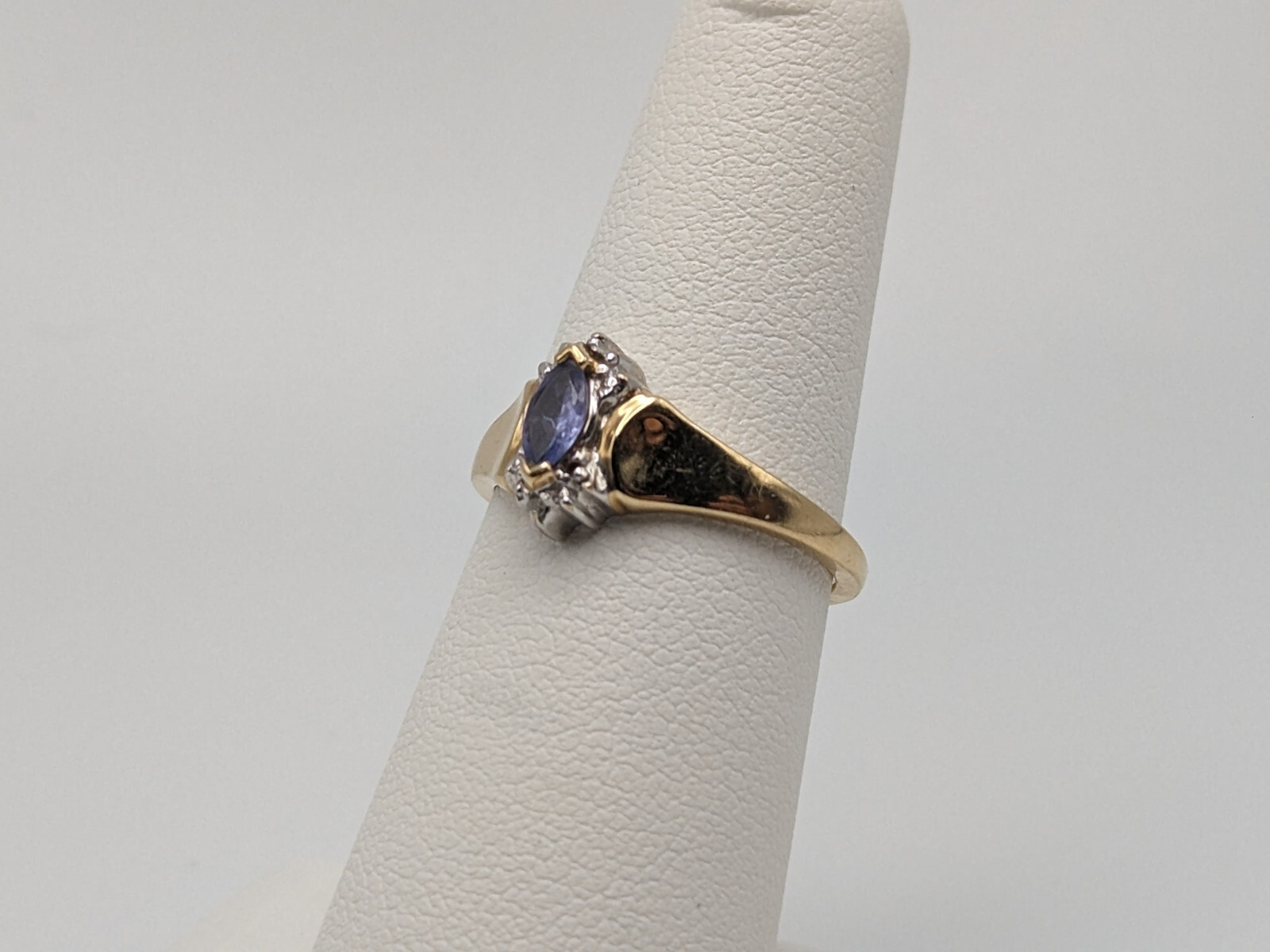 10k Yellow Gold Blue Iolite and Diamond Ring Violet Marquise Cut Diamond Ring